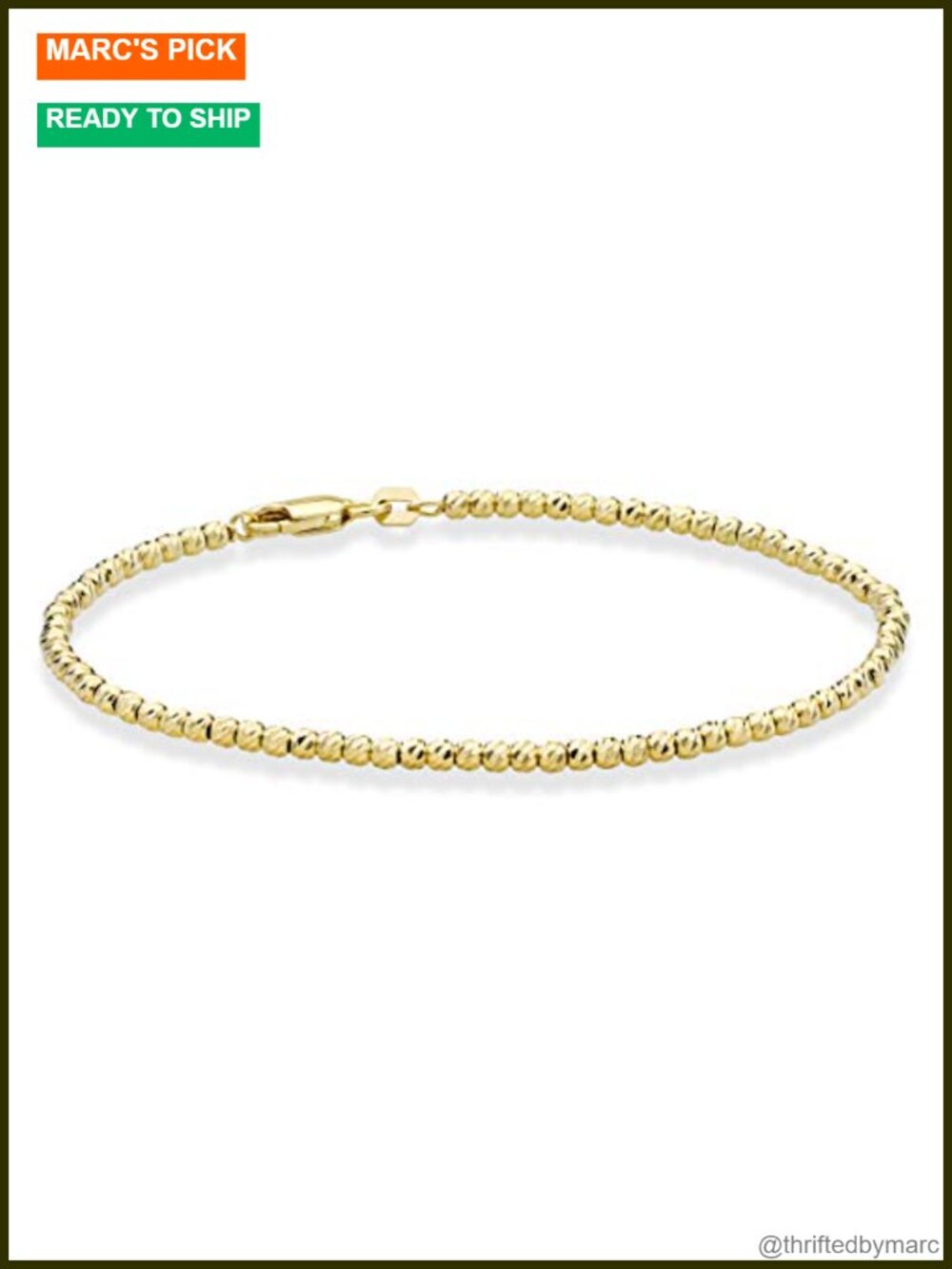 925 Sterling Silver Bead Ball Chain Bracelet 18K Yellow Gold Plated Diamond-Cut